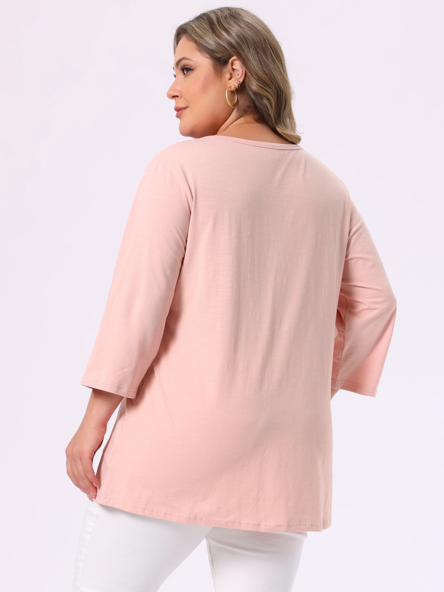 DARING DIVA Women's Plus Notched Neck 3/4 Sleeve Front Pleated Button Blouses 2X Pink