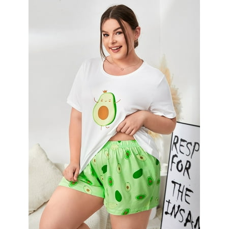 

Cute Women s Plus Short Sleeve Fruit Print PJ Set Multicolor 1XL(14) for Summer F220102Y