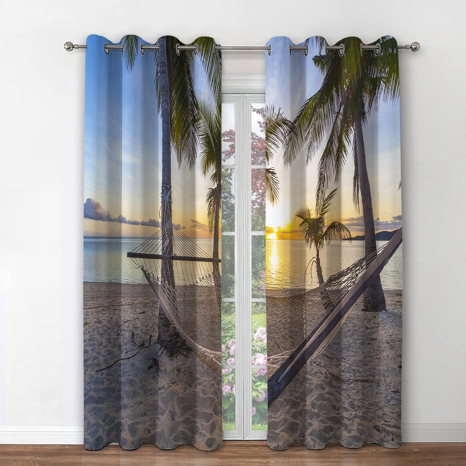 Ocean Palm Trees Blackout Curtains Beach Sky Sunshine Seascape Decor for Bedroom Living Room Grommet Window Drapes 2 Panel Set, 42"x54"