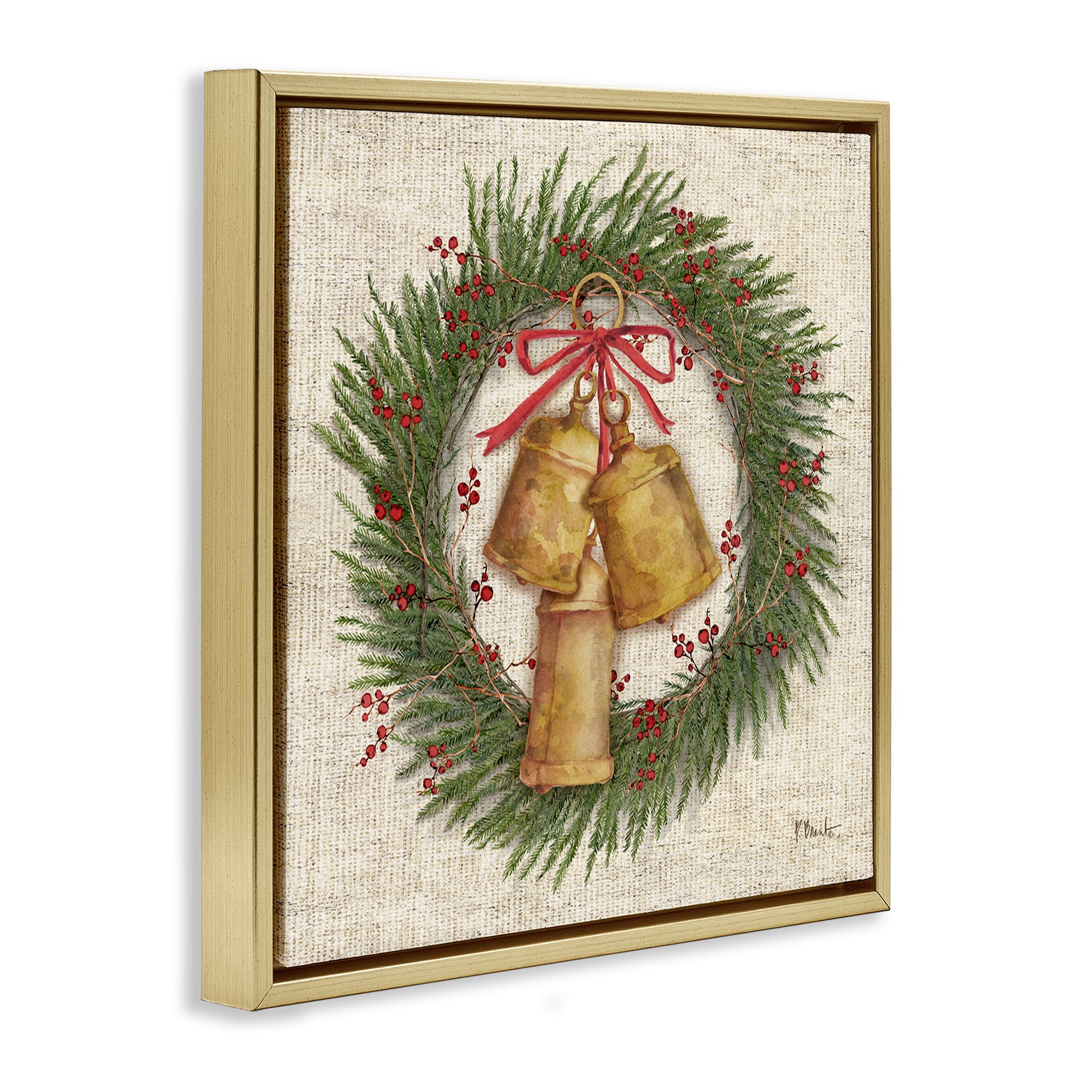 Stupell Industries Festive Bells Wreath Holiday Painting Gold Floater Framed Canvas Art Print Wall Art, 18 x 18