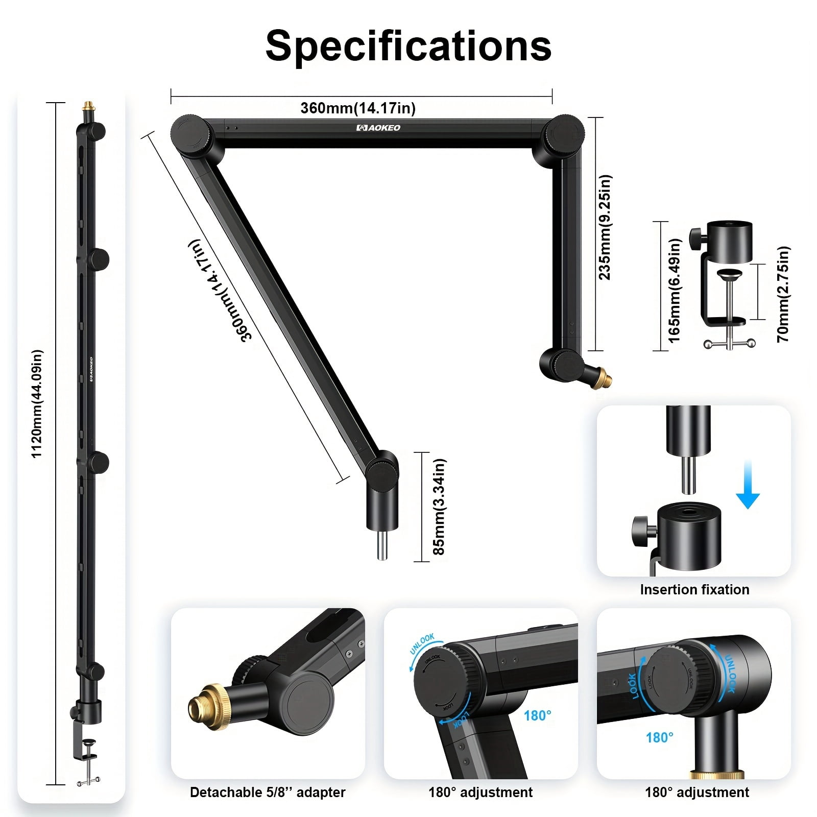 Adjustable Microphone Boom Arm with Cable Management, 3-Section Flexible Cantilever Bracket for Heavy Mics Like Blue Snowball, QuadCast, Elgato Wave - Desktop Clip Mount