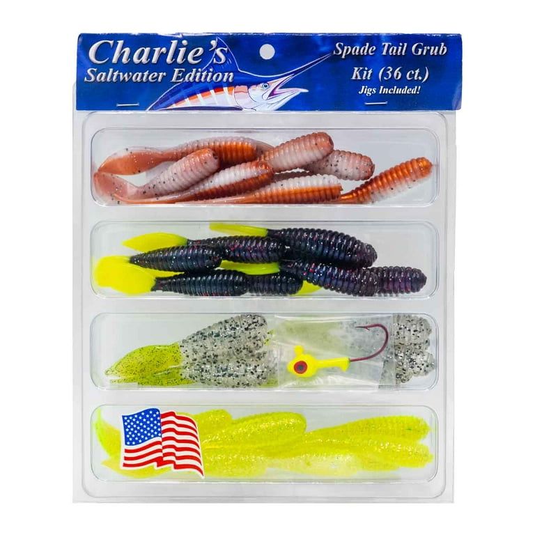 Charlie's Worms Spade Tail Grub Kit Artificial Fishing Bait w/Jig Heads for  Freshwater Saltwater Bass Fishing Scented Lures 36pcs.