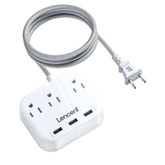 LENCENT 2-Prong Power Strip with USB, 6.6ft Extension Cord, Surge Protector, 3 Outlets & 3 USB, Wall-Mountable