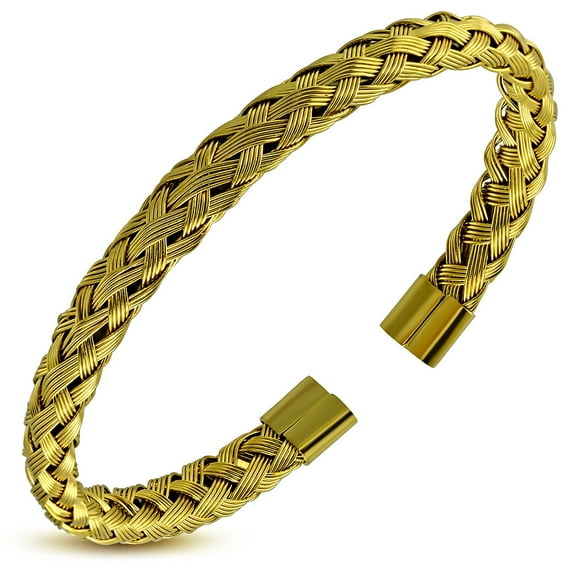 Stainless Steel Silver-Tone Yellow Gold-Tone Braided Open End Cuff Bracelet