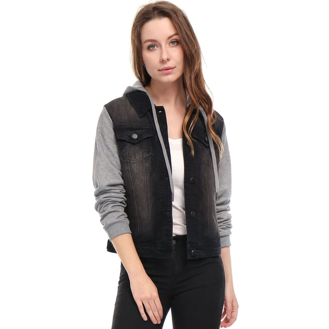 Chaqueta Vaquera Allegra K con capucha y Cordones para Mujer Negro L