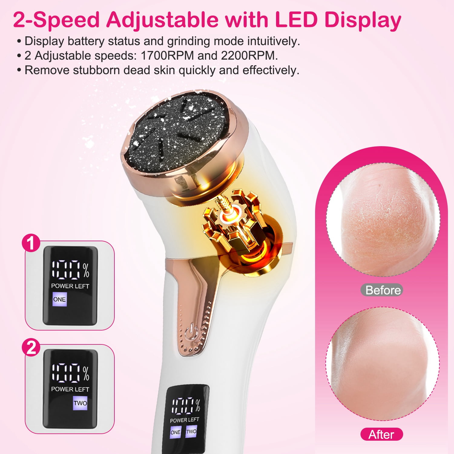 TeqHome Electric Foot Callus Remover Rechargeable Foot Scrubber with 3 Grinding Heads 2 Speeds Waterproof Foot File Perfect for Dead Hard Cracked Dry Skin