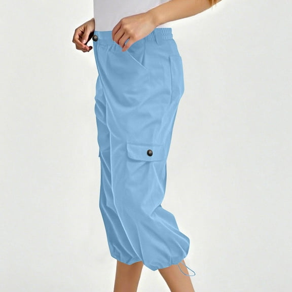 Roncen Women's Solid Cargo Pants - Mid-Rise Elastic Waist with Drawstring Cuffs, Multi-Pocket Outdoor Work Trousers Featuring Button Details & Utility Design