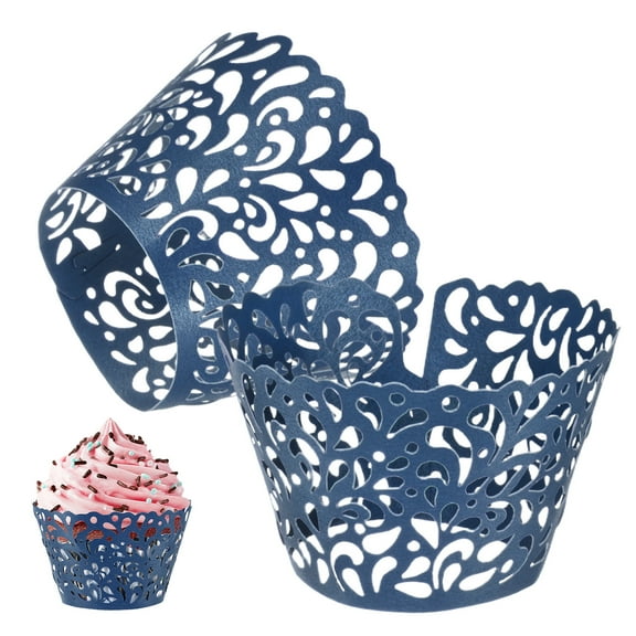 Uxcell 50-Pack Cupcake Wrappers, Pearlescent Art paper, Water Drop Lace Hollow Out Cupcake Liners for Wedding/Birthday Party Decoration[Navy Blue]