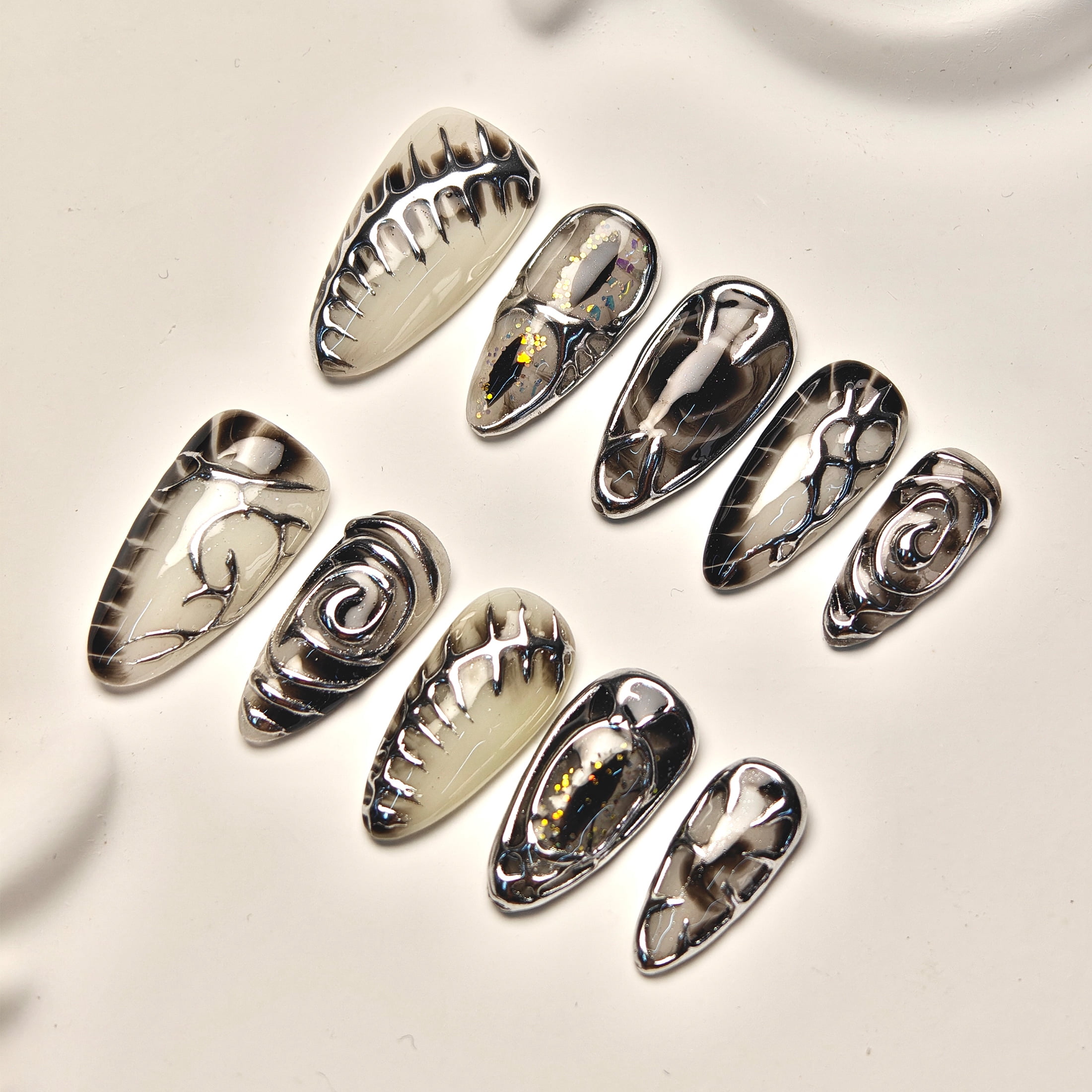 10pcs Almond Medium Handmade Press On Nails, Y2K Goth Style, Silvery 3D Liquid Metal Design, Suitable For Summer Party, For Women Girls