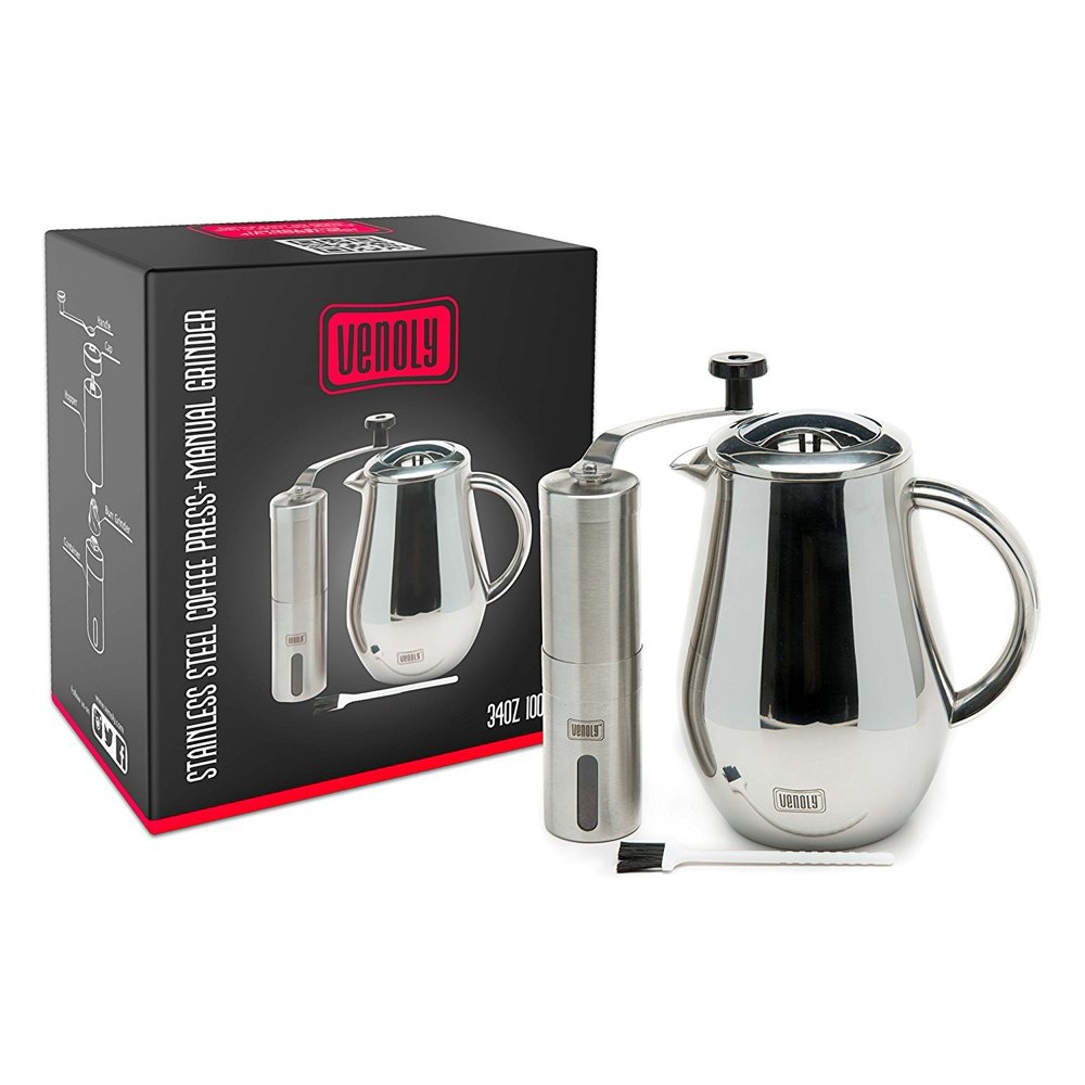 French Press Coffee Maker & Burr Grinder Bundle, Stainless Steel Double