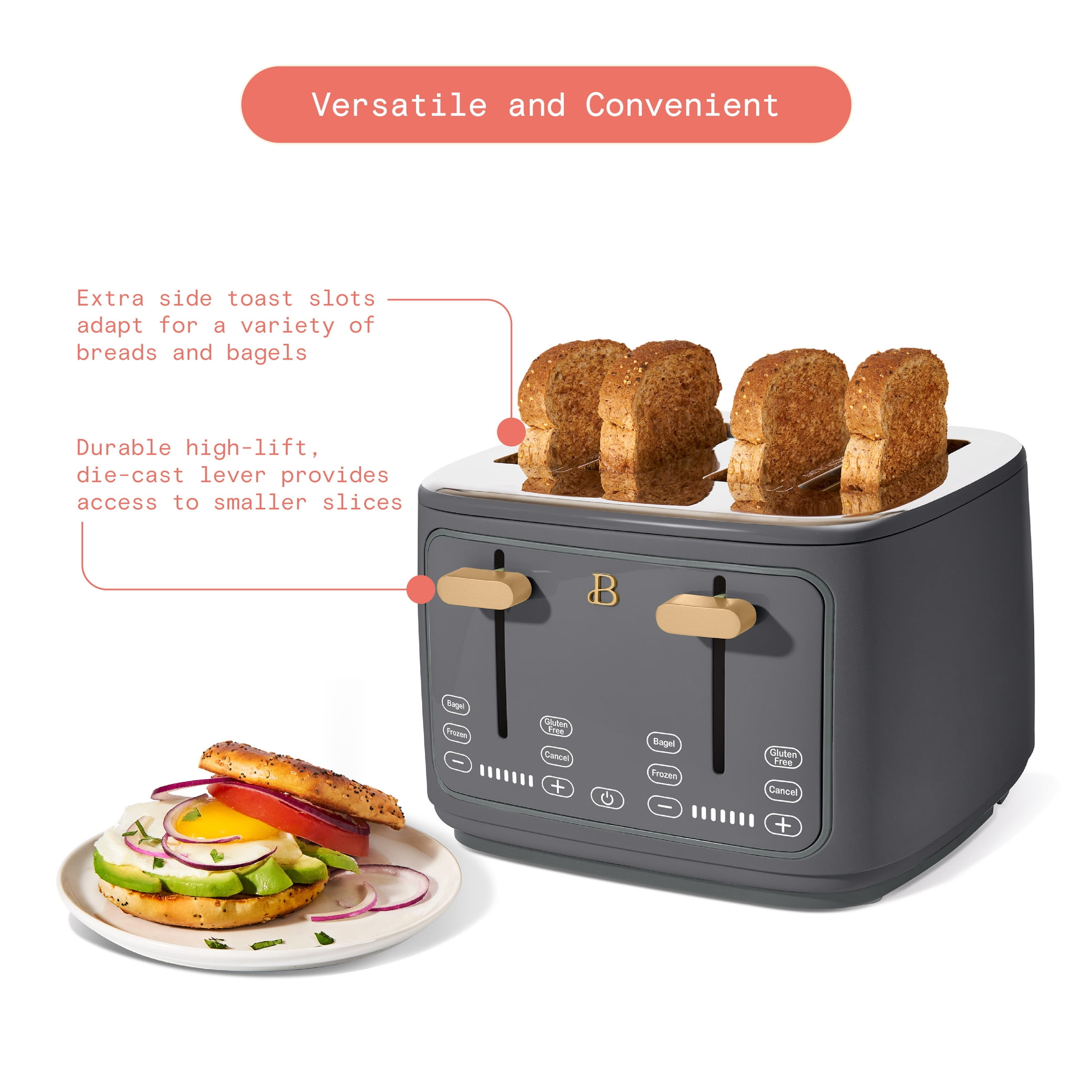 Beautiful 4-Slice Toaster with Touch-Activated Display, Oyster Gray by Drew Barrymore
