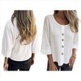 thumbnail image 3 of Blusas de para Mujer, Cuello en V, Mangas 3/4, Abotonadas, Sueltas, Informales, Lisas, Tipo Túnica. L, 3 of 6