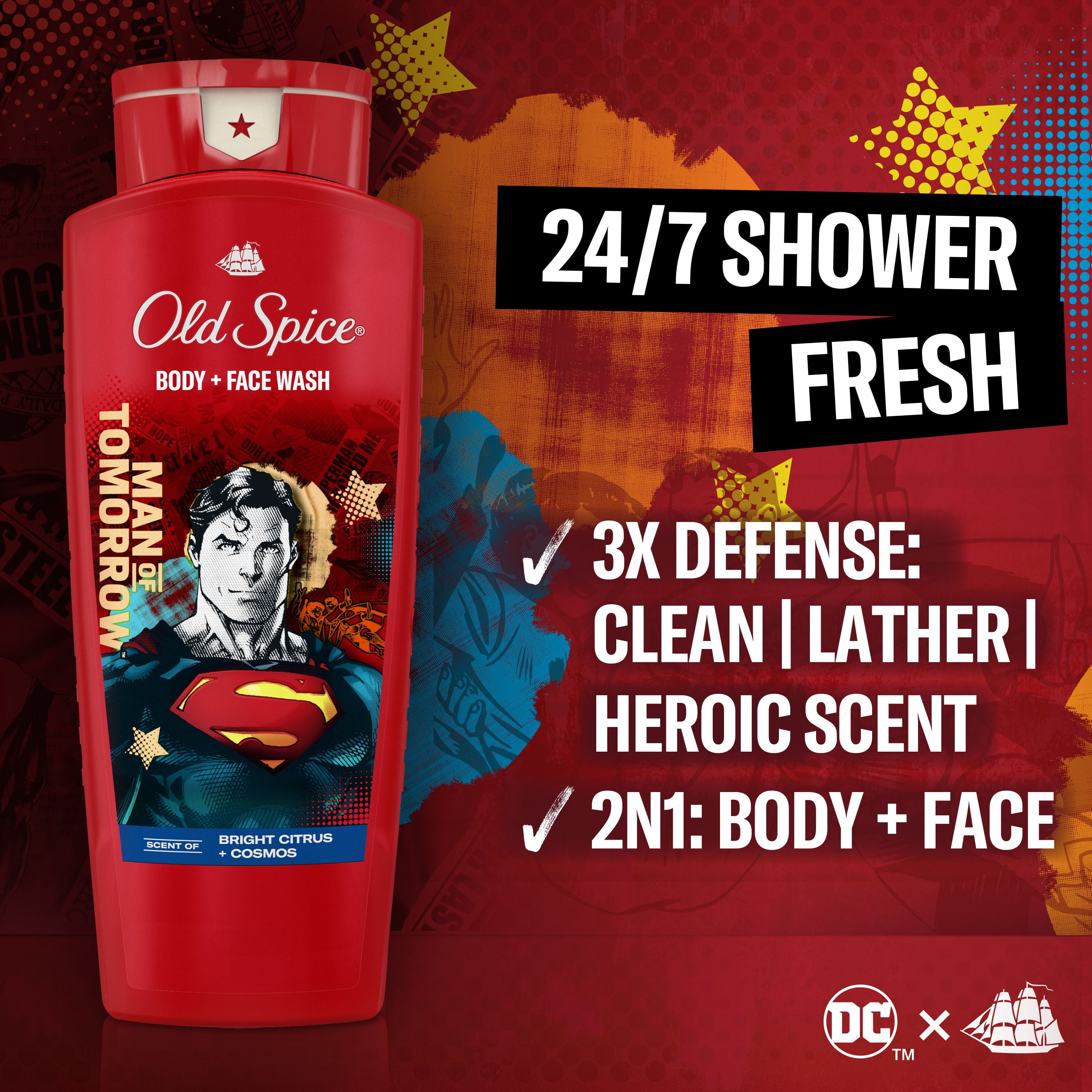 Old Spice Cleansing Body Wash for Men, 24/7 Shower Fresh with Lasting Scent, 2 in 1 Body and Face Wash, Rich Lather, Superman, Bright Citrus and Cosmos Scent