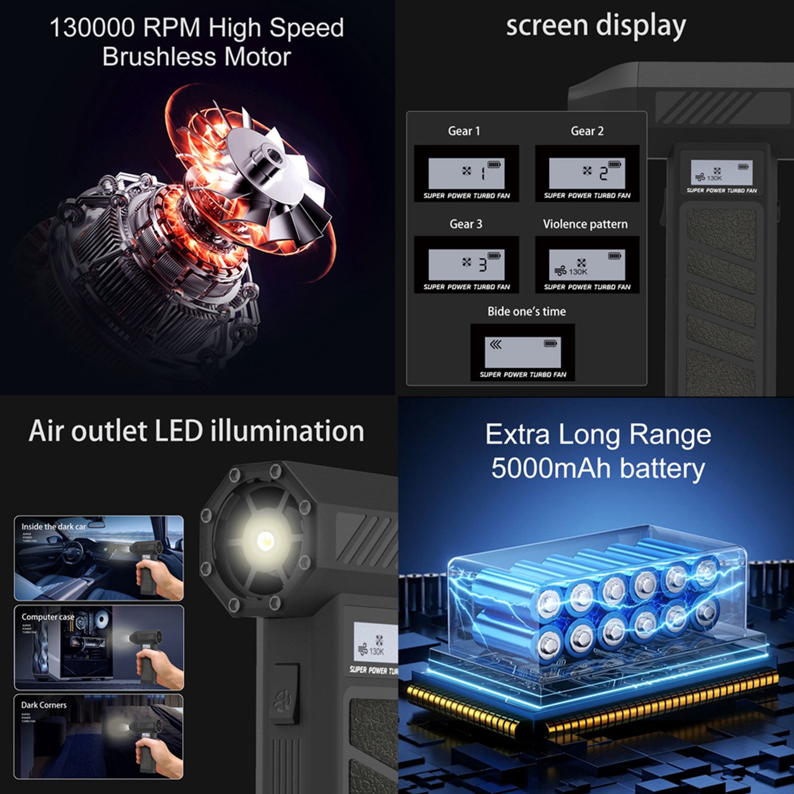 130000RPM Dry Blower Hair Dryer Powerful Fan Cordless Blower Compressed Air Dusters Computer Vacuum Cleaners