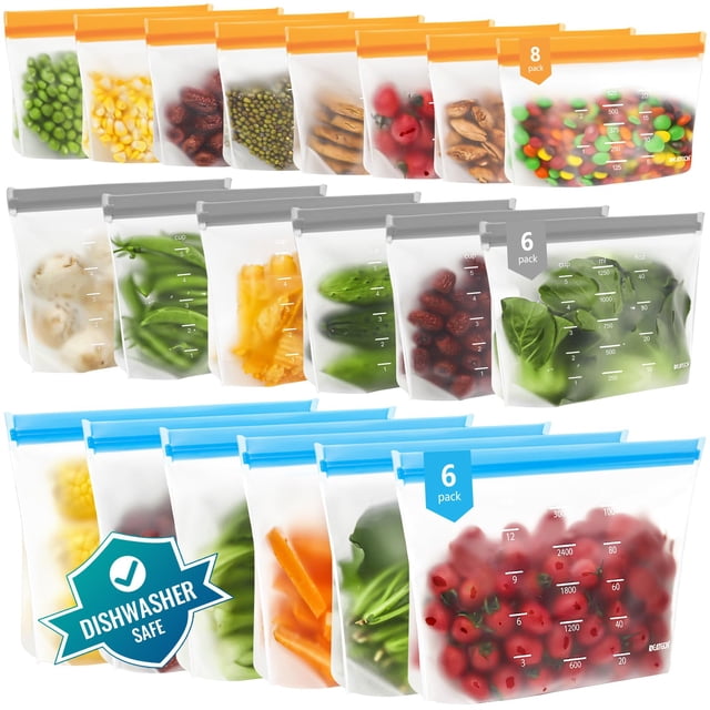 Sacs de Rangement Réutilisables Compatibles Lave-Vaisselle - Sacs à Sandwich Réutilisables en PEVA Sans BPA - Sacs de Congélation Gallon Étanches, Sacs de Rangement Alimentaires en Silicone (20