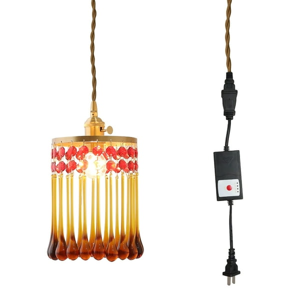 FSLiving Tiffany Stytle Plug-in Swag Pendant Lighting UL Dimmer Switch Cord with Brass Socket Baroque Handmade Crystal Linear Shade Antique Chandelier with Smart Plug Timer Switch for Decorative