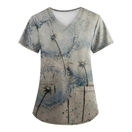 

EHTMSAK Scrub Top with Pocket Floral Working Uniform Short Sleeve V Neck Workwear Blouse T-Shirt with Pockets on Clearance Blue XL