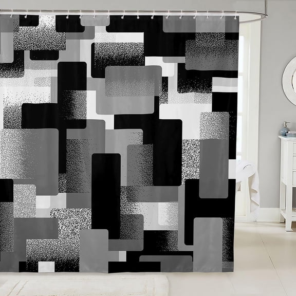 Black And White Geometric Shower Curtain Abstract Modern Block Pattern Bath Curtain Fabric Bathroom Decor with Hooks 71x71 inches