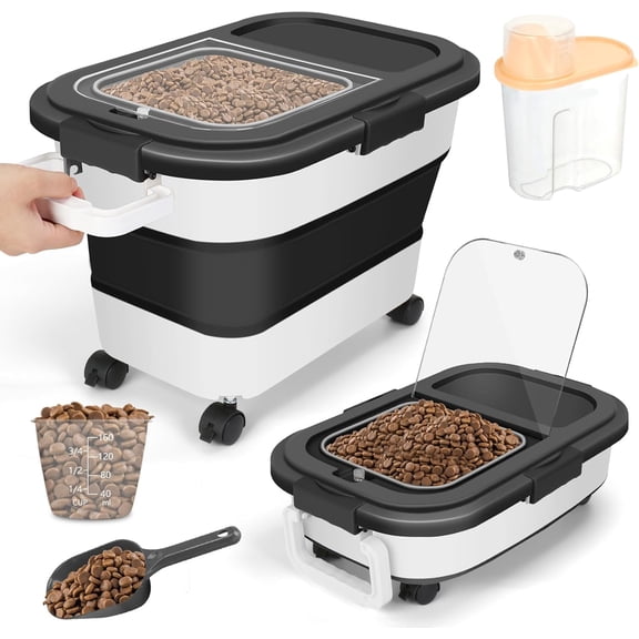 Flantor Dog Food Container 20 lbs, Collapsible Pet Food Storage Container with Rolling Wheels & Airtight Black