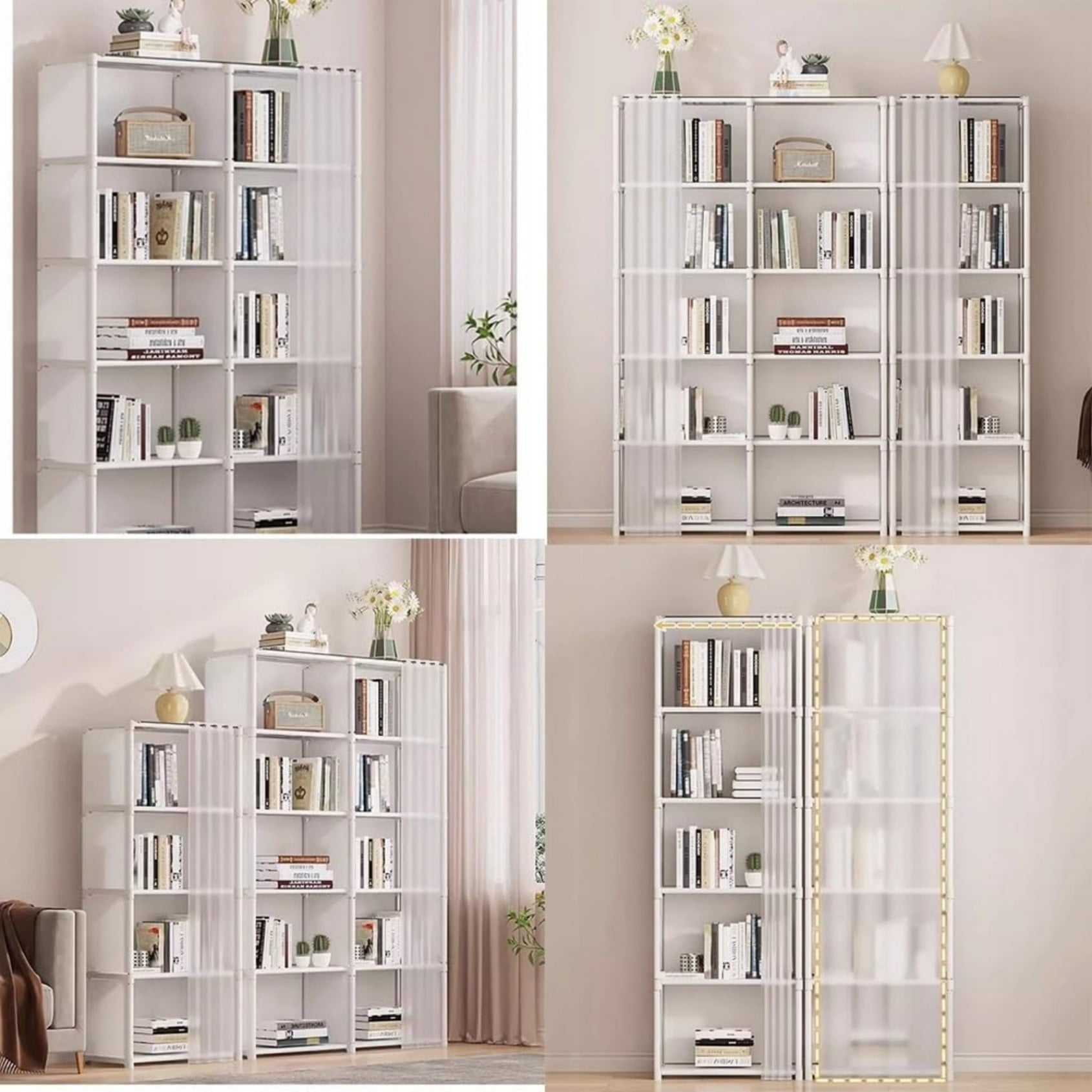 5 Tier Freestanding Bookcase with Curtain, 10 Grid Open Bookshelf Storage Organizer, Tall Display Shelf for Bedroom Living Room Office, White