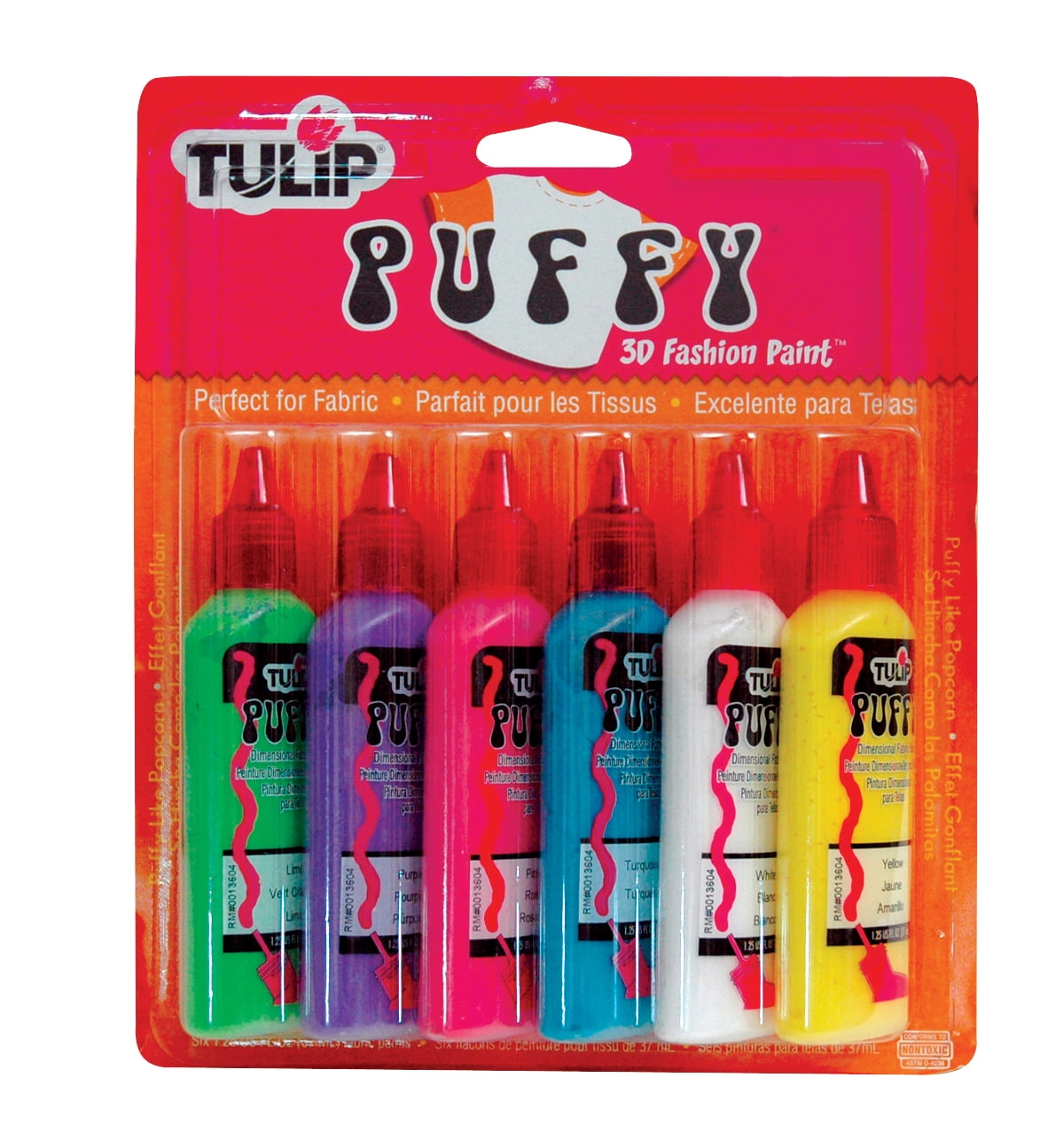 Tulip Washable Steam Iron Activated 3D Fabric Paint Set, 1.25 oz Bottle, Assorted Puffy Color, Set of 7