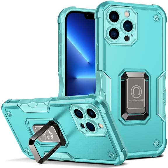 Case for iPhone 13 Pro Max 6.7", Slim Hybrid Rugged Ring Holder Kickstand with Camera Lens Shockproof Protective Cover, Mint
