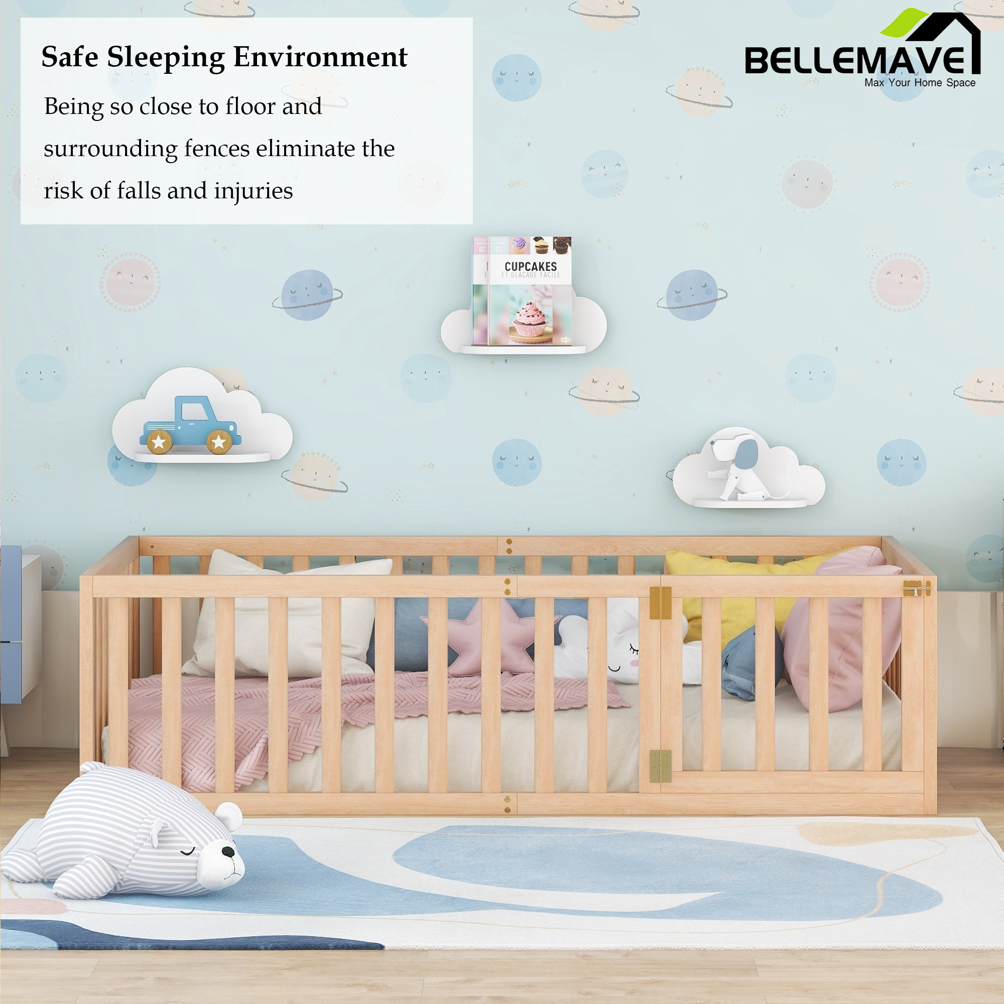 Bellemave Twin Size Floor Bed with Fence and Door, Wood Montessori Bed Frame, Floor Bed Frame, Slats Not Included (Twin, Natural)