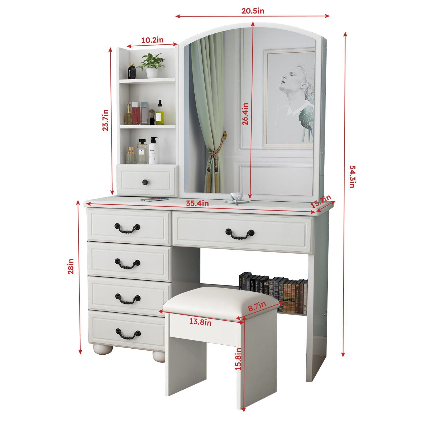Asteroutdoor Vanity Desk with Mirror and Lights, 6 Drawers, White
