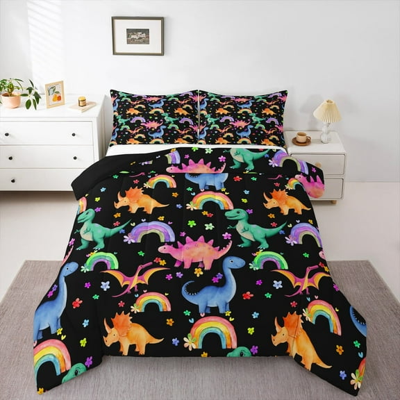 Manfei Colorful Cute Dinosaur Queen Comforter Set,Jungle Animal Bedding Sets,Rainbow Flower Floral Bedding Comforter Set For Teens,Super Cozy Room Decor Reversible,3 Pieces