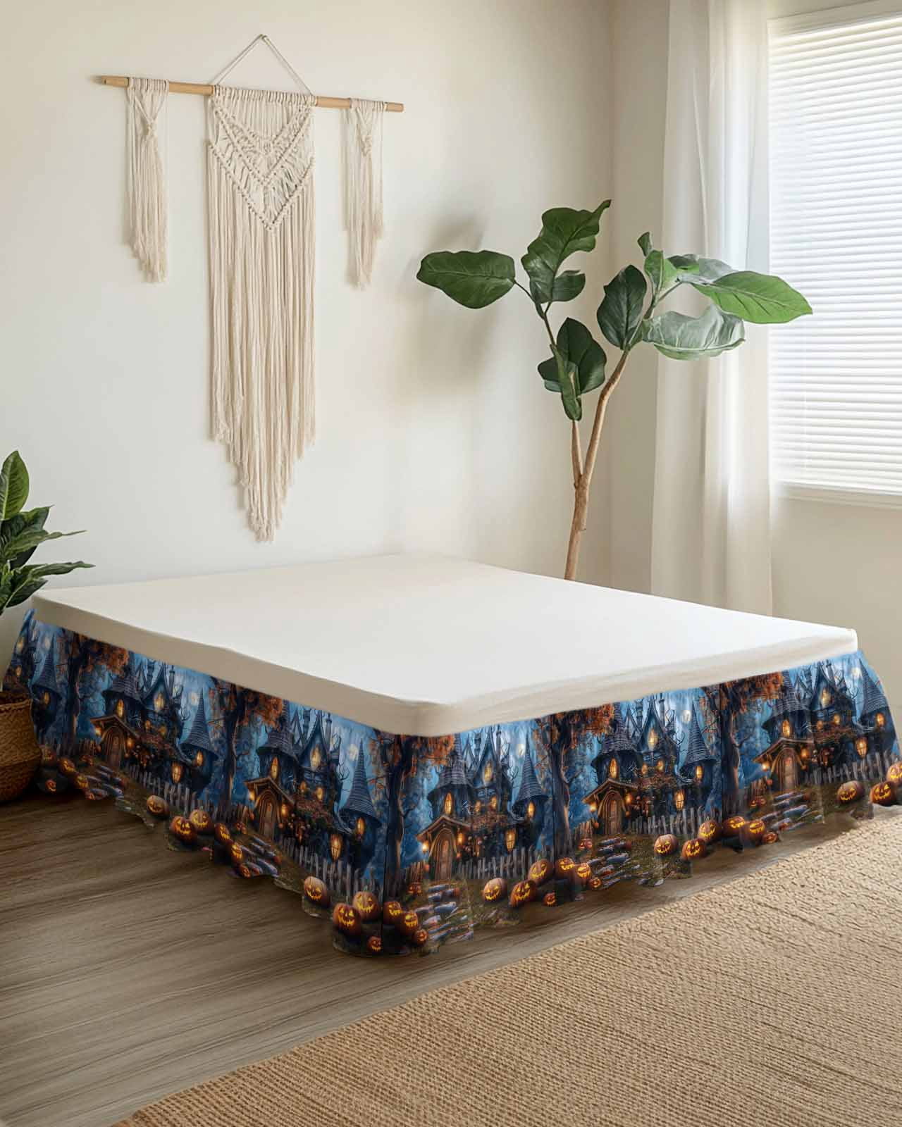 Halloween Mysterious Bed Skirt Forest Pumpkin Castle Bed Skirts King Size 16 Inch Drop, Wrap Around Dust Ruffle&nbsp;Bedskirt with Adjustable Elastic Belt for Queen Size Beds