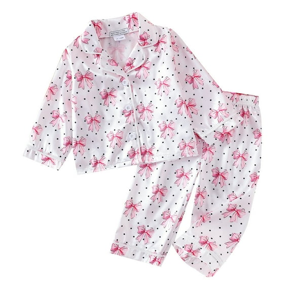 Jamsmile Toddler Girls Pajamas Bowknot Print Buttons Shirts Tops Long Pants Satin Silk Sleepwear Loungewear