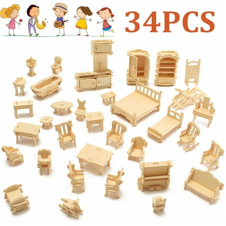 Dolls House Christmas 34 PCS 3D DIY Wooden Miniature Furniture Model Dollhouse Set Toys For Kids Children Boys Girls Christmas Gift ()