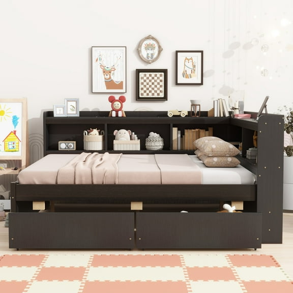 Full Size L-Shaped Daybed with L-Shaped Bookcase Storage, 2 Smooth-Glide Drawers & USB Ports for Home Office/Bedroom/Living Room, Solid Wood Espresso Daybed with Built-In Chargers