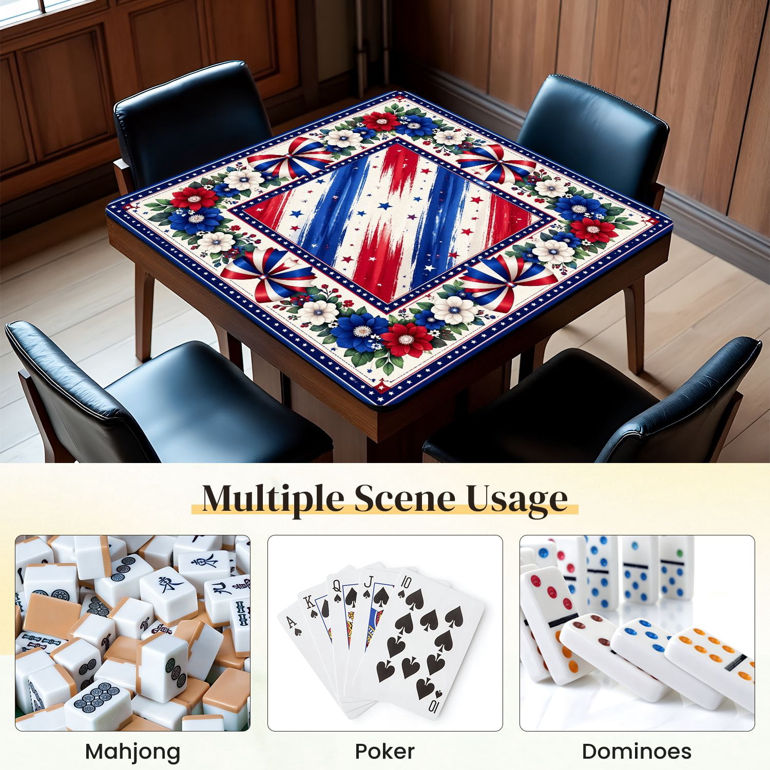 Mahjong Mat 31.5" x 31.5" Patriotic Red White Blue Floral Star Striped Bows Border Non-Slip Noise Reduction Mahjong Tiles Table Cover for Dominoes Poker Card Board and Tile Games