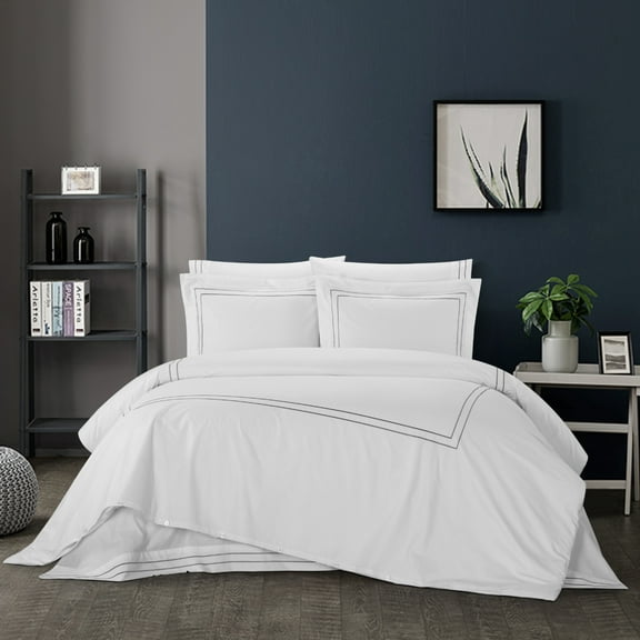 Alfrey 3 Piece Organic Cotton Duvet Cover Set Solid White With Dual Stripe Embroidered Border Hotel Collection Bedding