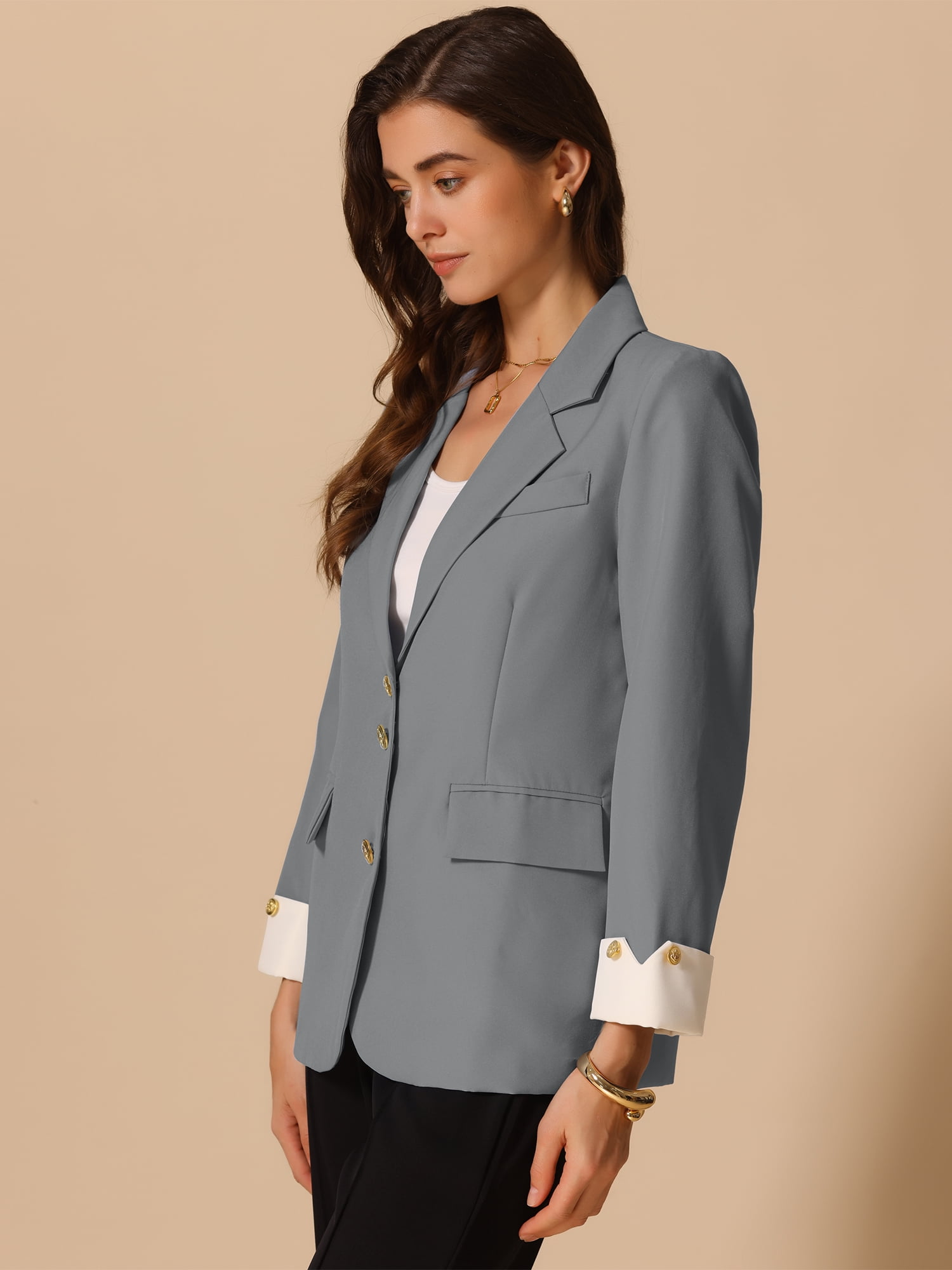 DARING DIVA Women's Notched Lapel Long Sleeve Jacket Suit Blazer S Grey