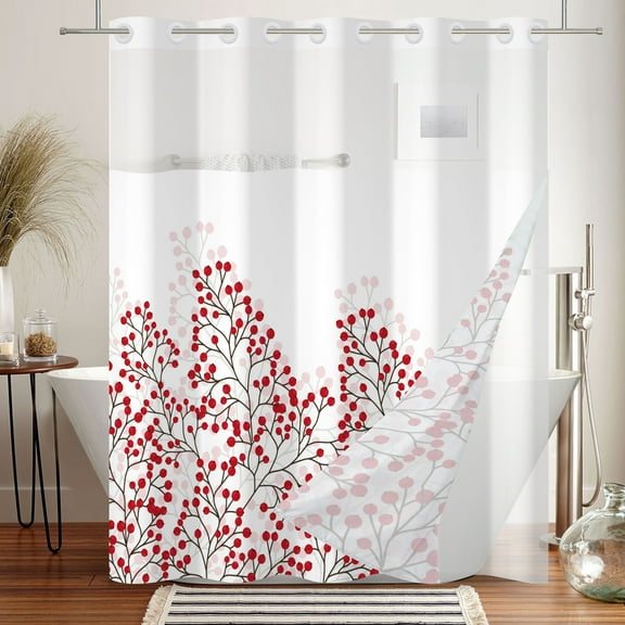 MIZHONA Red Floral Shower Curtain with Snap in Liner,Flower Fabric Bathroom Curtain No Hooks,71"Ă— 74"