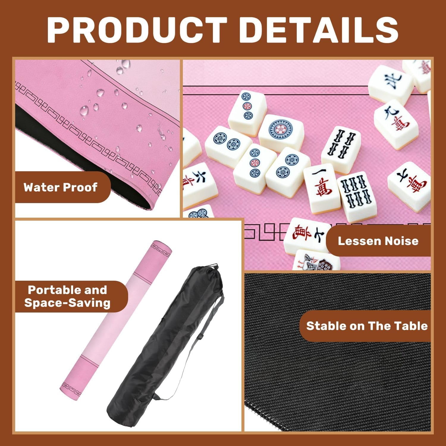 Mahjong Mat 31.5" x 31.5" Soft Pink Textured Fabric Non-Slip Noise Reduction Mahjong Tiles Table Cover for Dominoes Poker Card Board and Tile Games