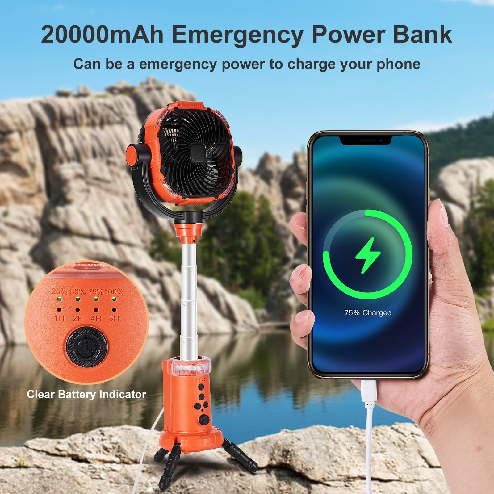 Ameitech Portable Fan - Wireless Battery Operated Fan, 20000MAH Battery, 360° Oscillating Rechargeable Fan, Remote Control & LED Lighting, Telescopic Camping Fan