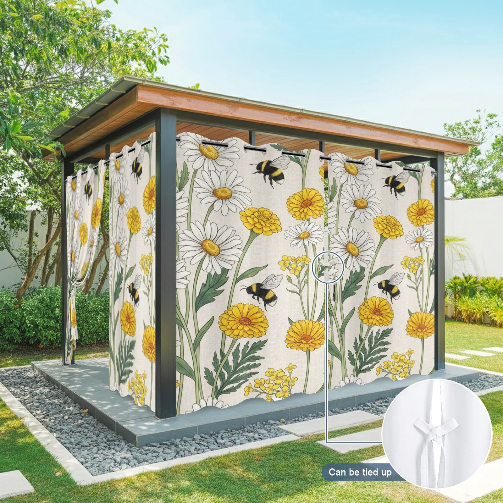 Summer Daisy Outdoor Curtains for Patio, Rustic White Yellow Flower Bee Pastoral Floral Sunshade Privacy Drapes Grommet Waterproof Outside Curtains for Porch/Cabana/Balcony 54"x 108", 2 Panel