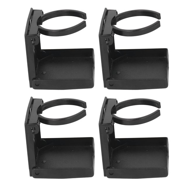4-Pack Foldable ABS Plastic Cup Holders with Spring Adjustment (60-100mm), Scratch-Resistant, Easy Install with Screws & Adhesive - Universal for Cars, Trucks, Boats, Wheelchairs, Kitchens - Black