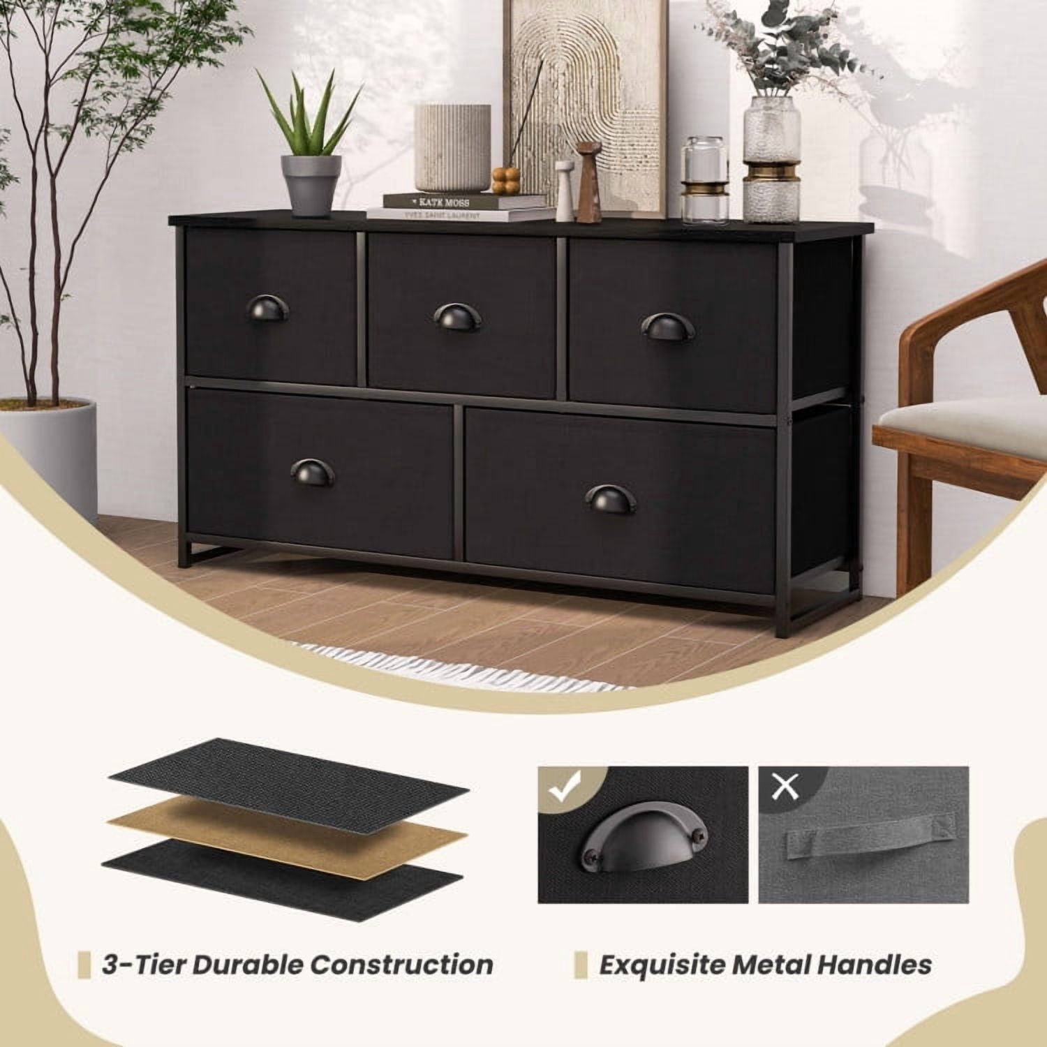 Kadyn Wide Chest of Drawers Dresser for Bedroom, 5 Drawers Dresser Storage Tower with 5 Foldable Cloth Storage Cubes, Black