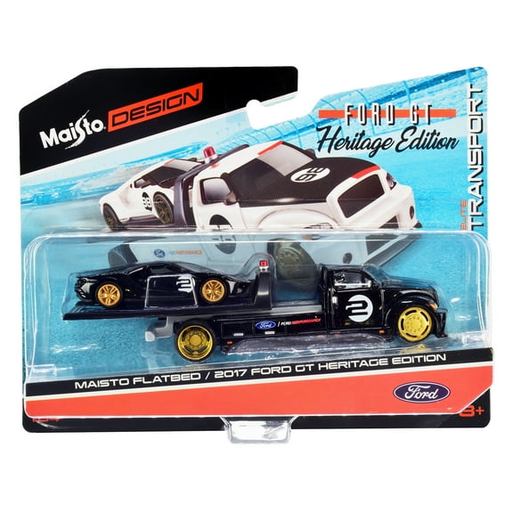 2017 Ford GT #2 Heritage Edition with Flatbed Truck Black "Elite Transport" Series 1/64 Diecast Model Cars by Maisto