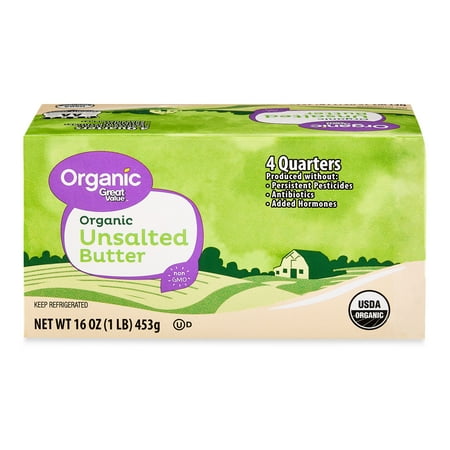 Great Value Unsalted Organic Butter Sticks, 16 oz Box, 4 Sticks