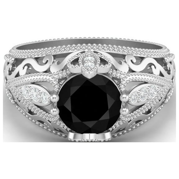 1.45 Ctw Round Black Spinel Antique Filigree Design 925 Sterling Silver Women Valentines Day Gifts Ring