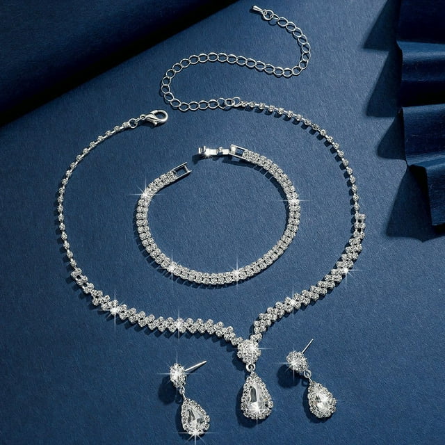 Conjunto de joyería de boda para dama de honor, conjunto de joyería de plata con diamantes de imitación, collar de cristal para novia, pendientes para mujer, fiesta de graduación