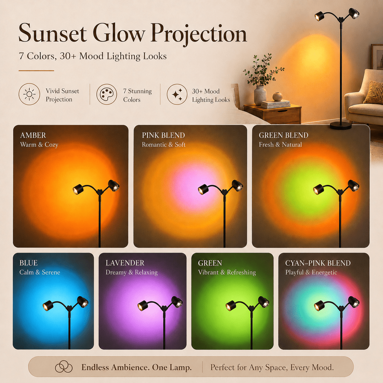 MEHOOM Double-Headed Floor Lamp , 360°Rotating Sunset Lamp Ambiance Comes with 7 Color Swatches, Modern Floor Stand Night Light for Living Rooms, Bedrooms & Offices