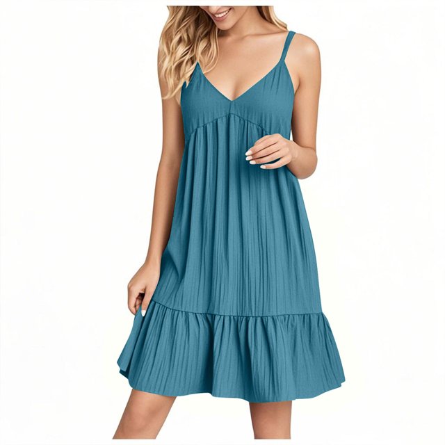 Robe Mini à Bretelles Spaghetti Col en V d'Été pour Femmes Robe Tunique Décontractée à Manches Courtes Robe de Plage à Volants