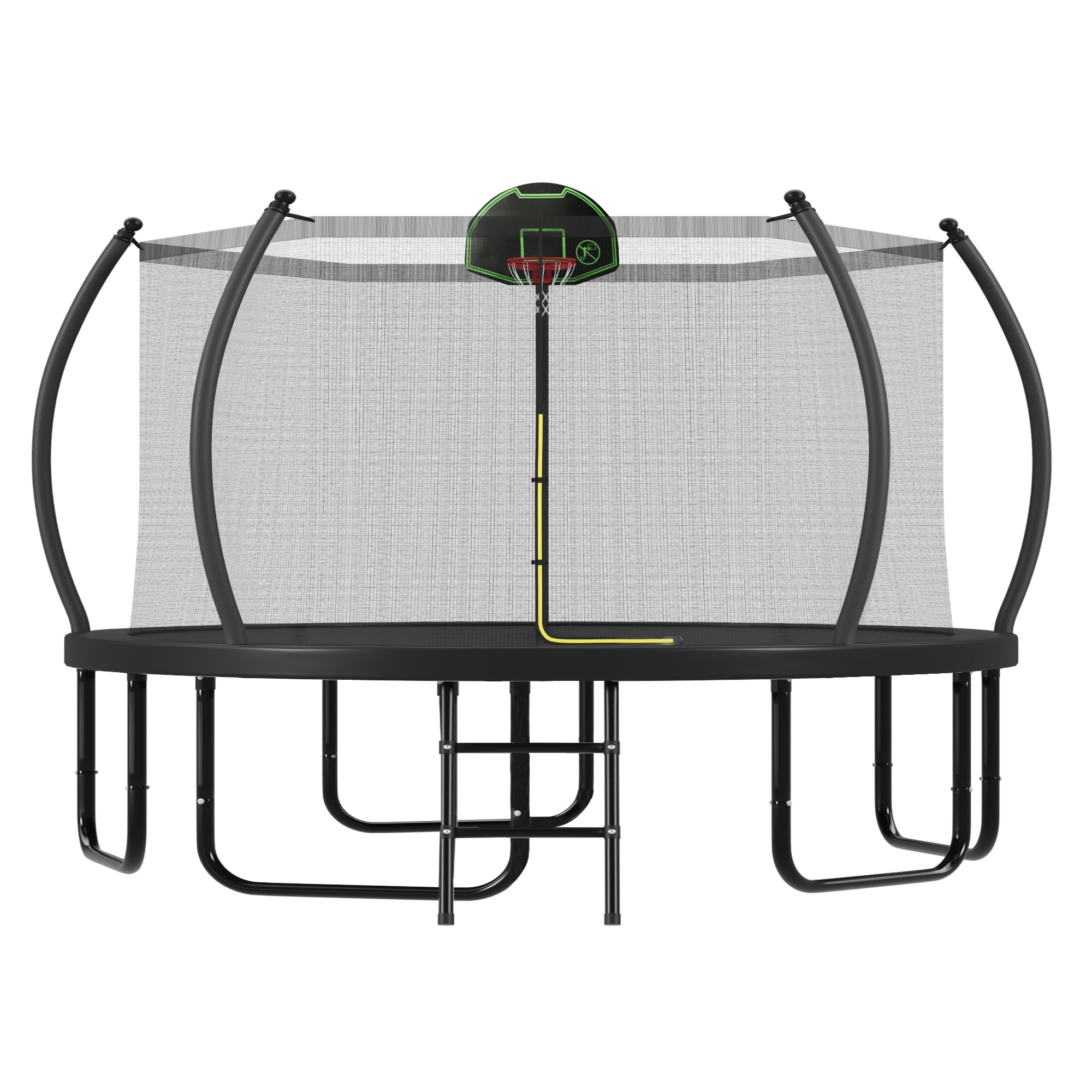 12FT Trampoline with Basketball Hoop, Round Outdoor Trampoline with Enclosure Net & Curved Poles & Ladder