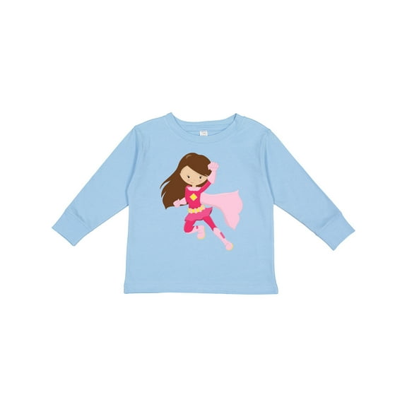Inktastic Superhero Girl, Cute Girl, Brown Hair, Pink Cape Girls Long Sleeve Toddler T-Shirt